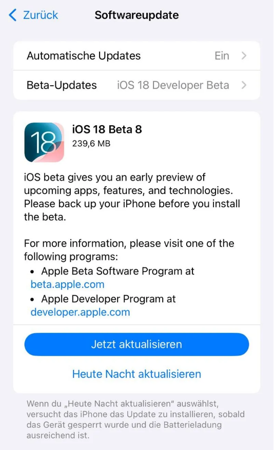 兰州苹果手机维修分享苹果 iOS / iPadOS 18 开发者预览版 Beta 8 发布 